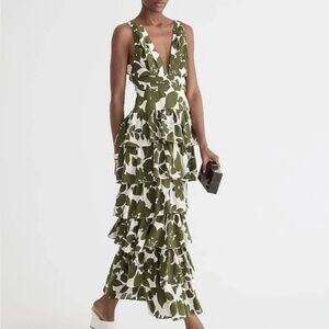 J Crew Collection Plunge Neck Tiered Dress in Leafy Floral
